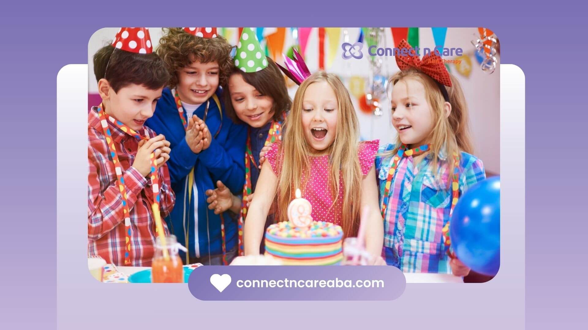 Children with autism wearing party hats gathered around a birthday cake with candles.