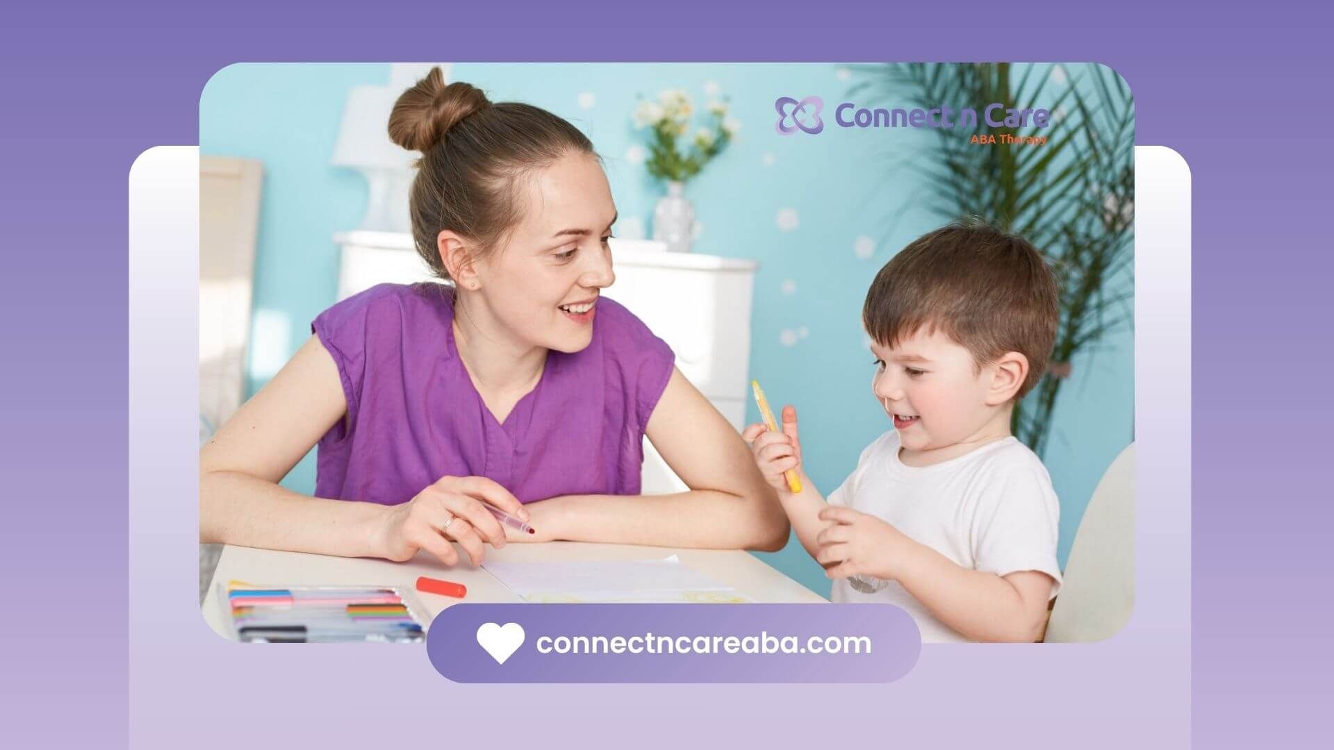 ABA and autistic boy smiling while drawing with markers in ABA therapy.