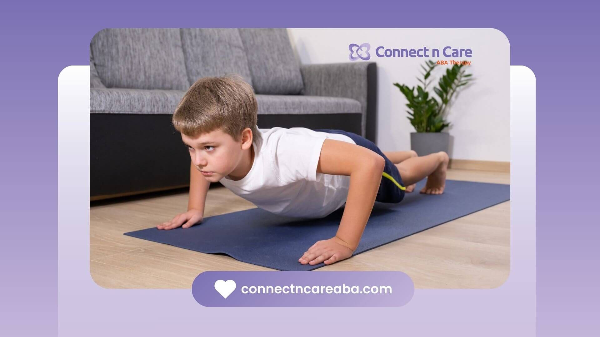 Child with autism doing a push-up on an exercise mat indoors.
