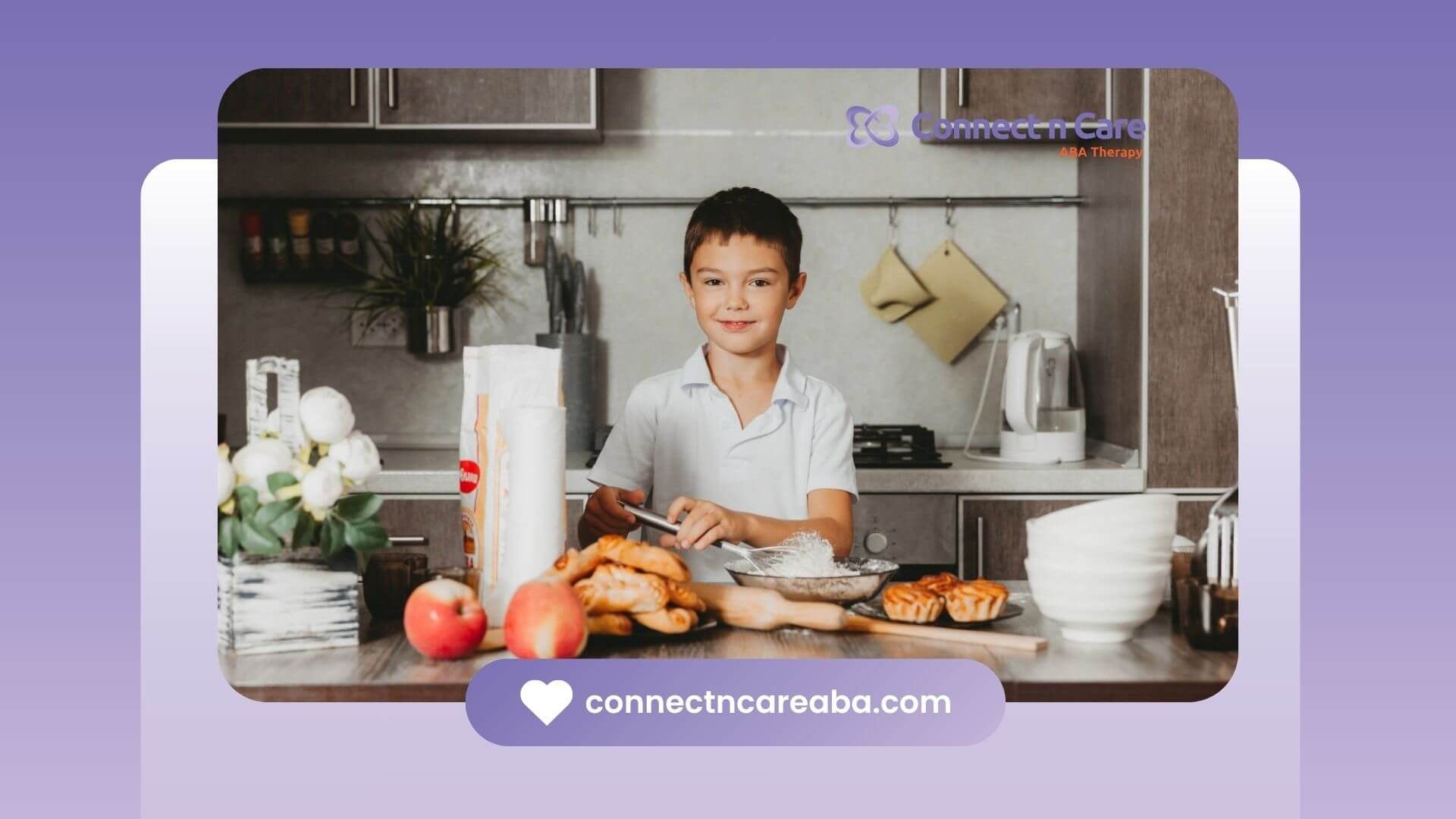 A boy with autism smiling while preparing food in the kitchen.