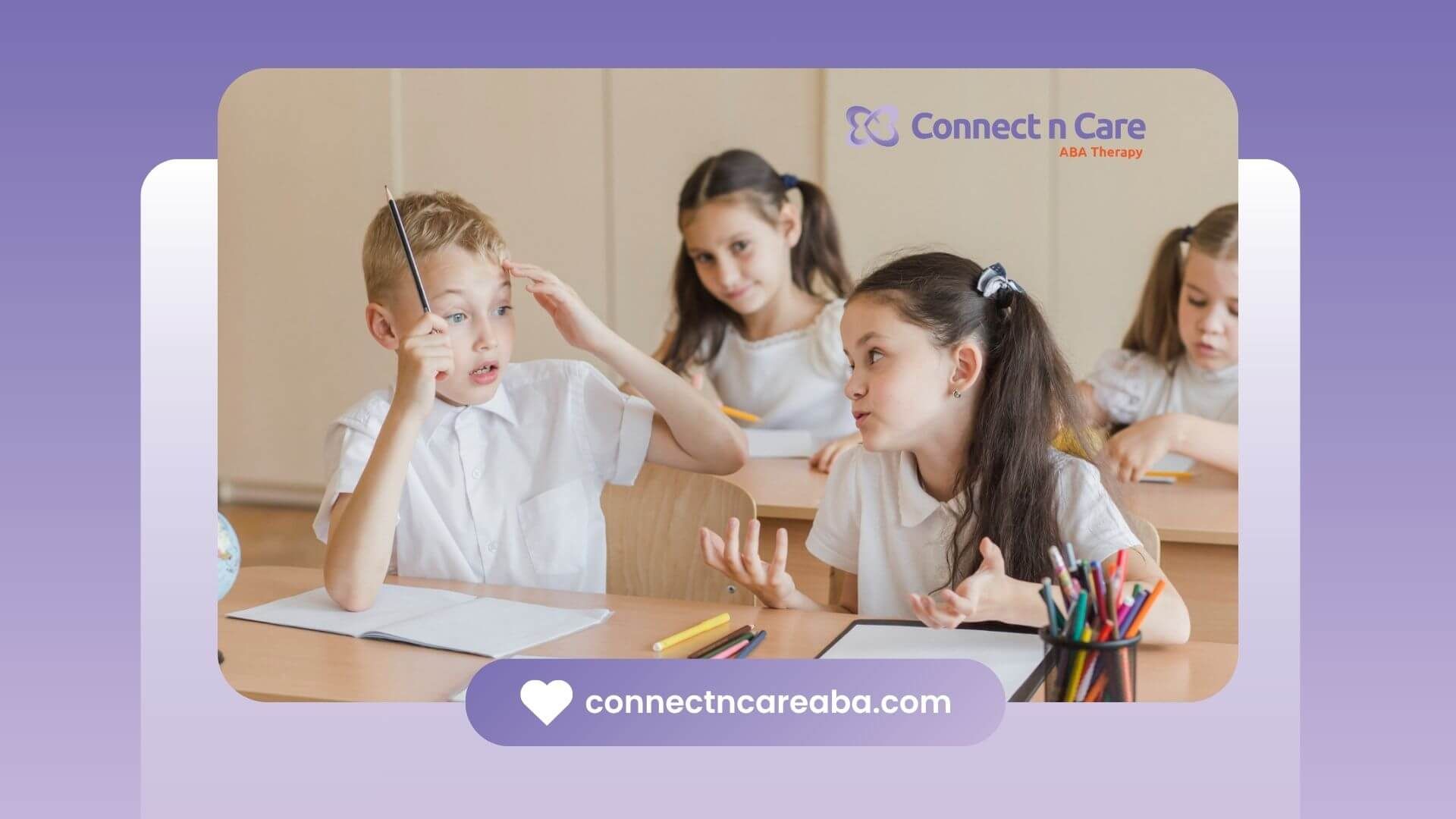 Kids with autism talking at desks in a classroom.
