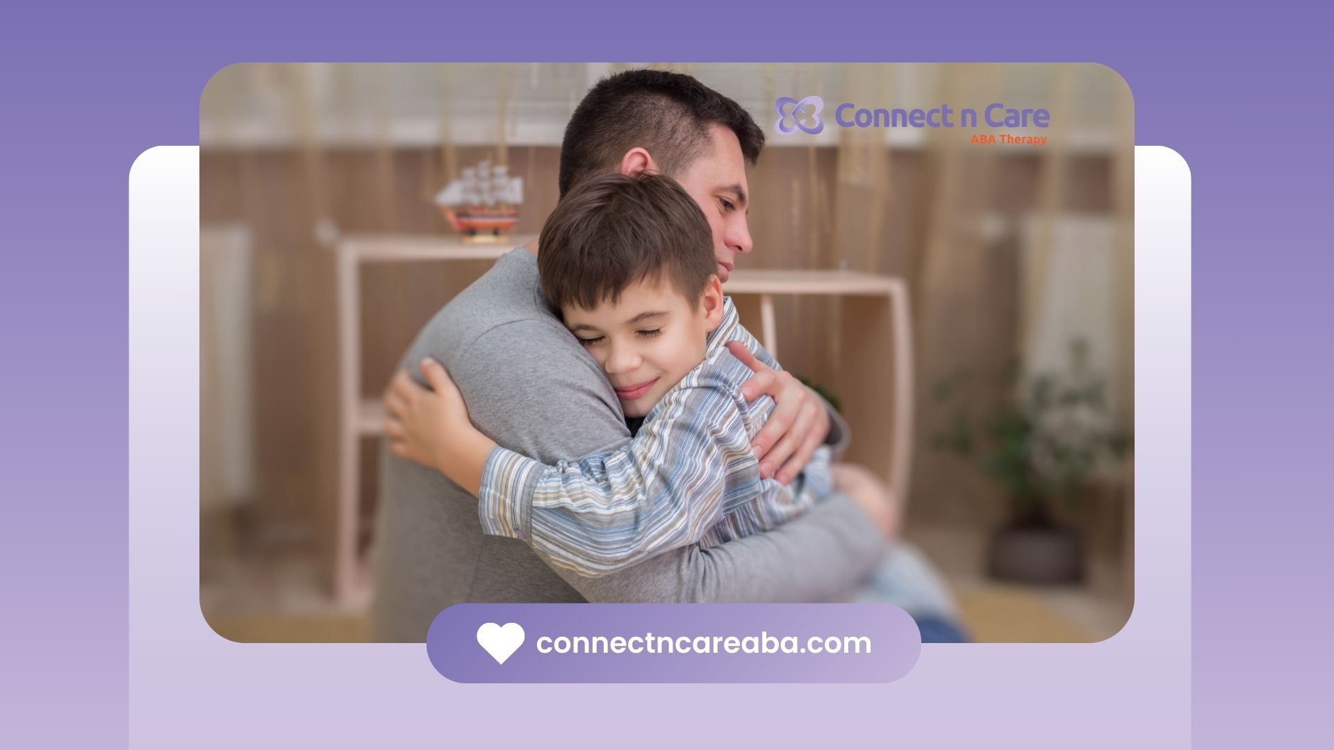 A man is hugging a young boy in a living room.