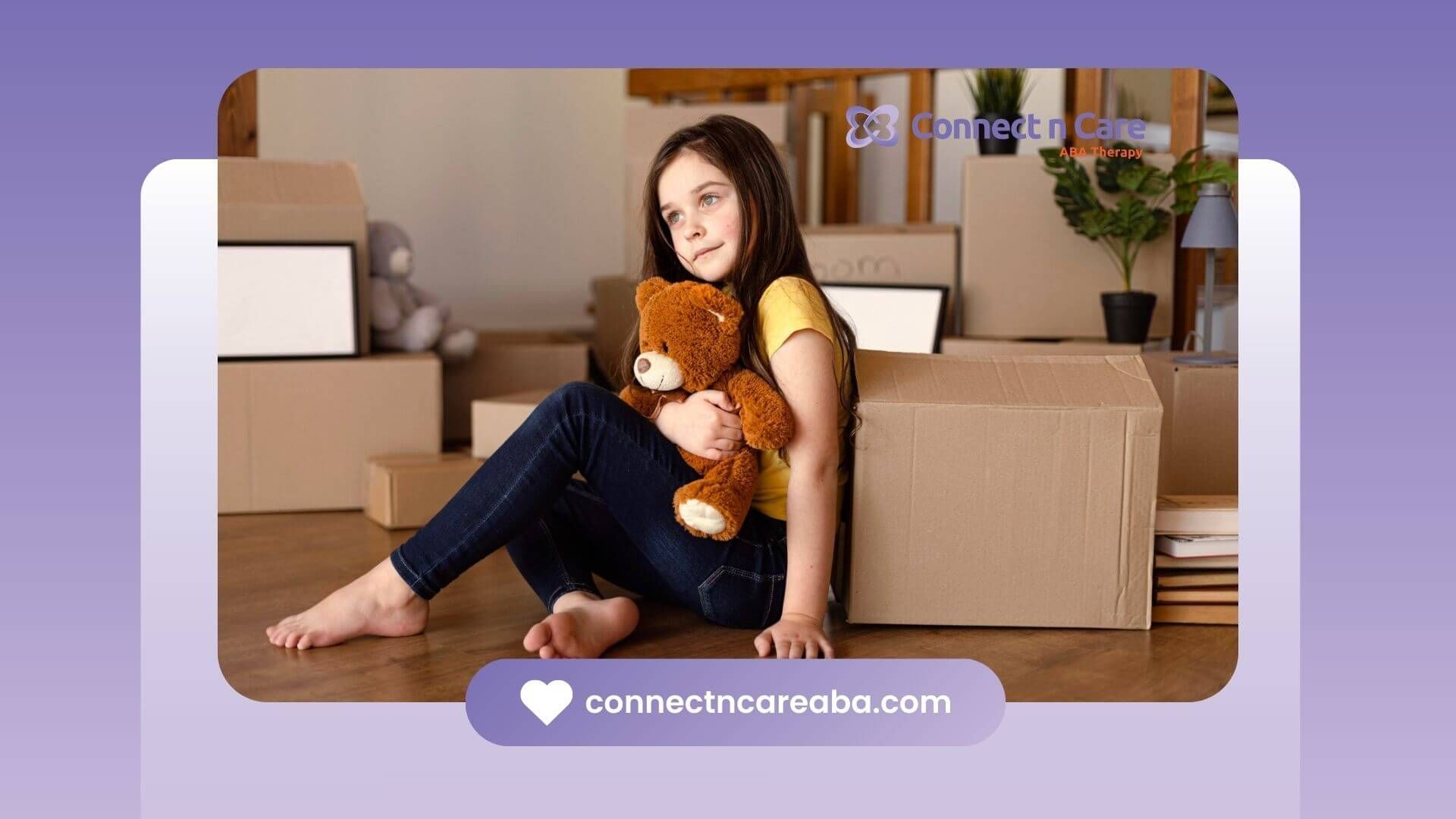 Sad girl with autism hugging a teddy bear while sitting near moving boxes.