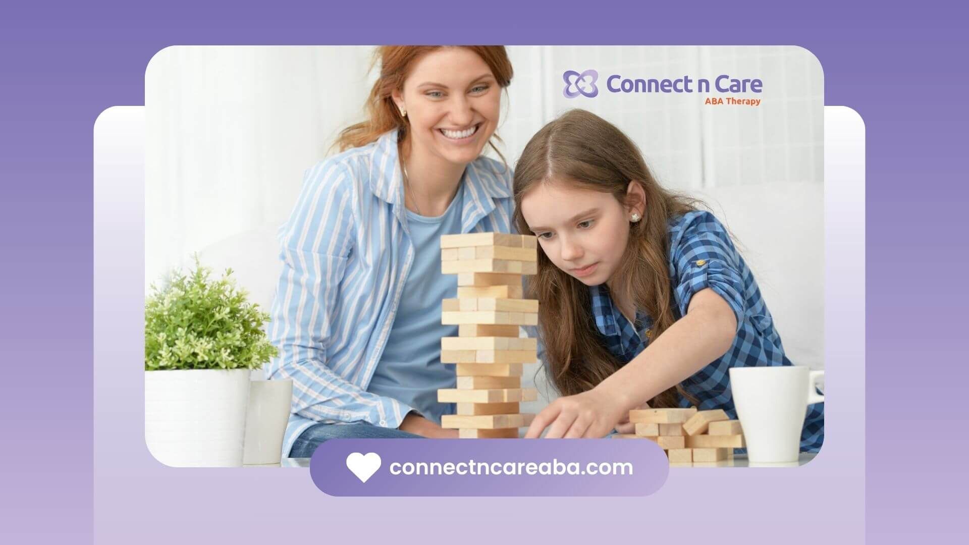 Girl building a wooden block tower with BCBA in ABA therapy.