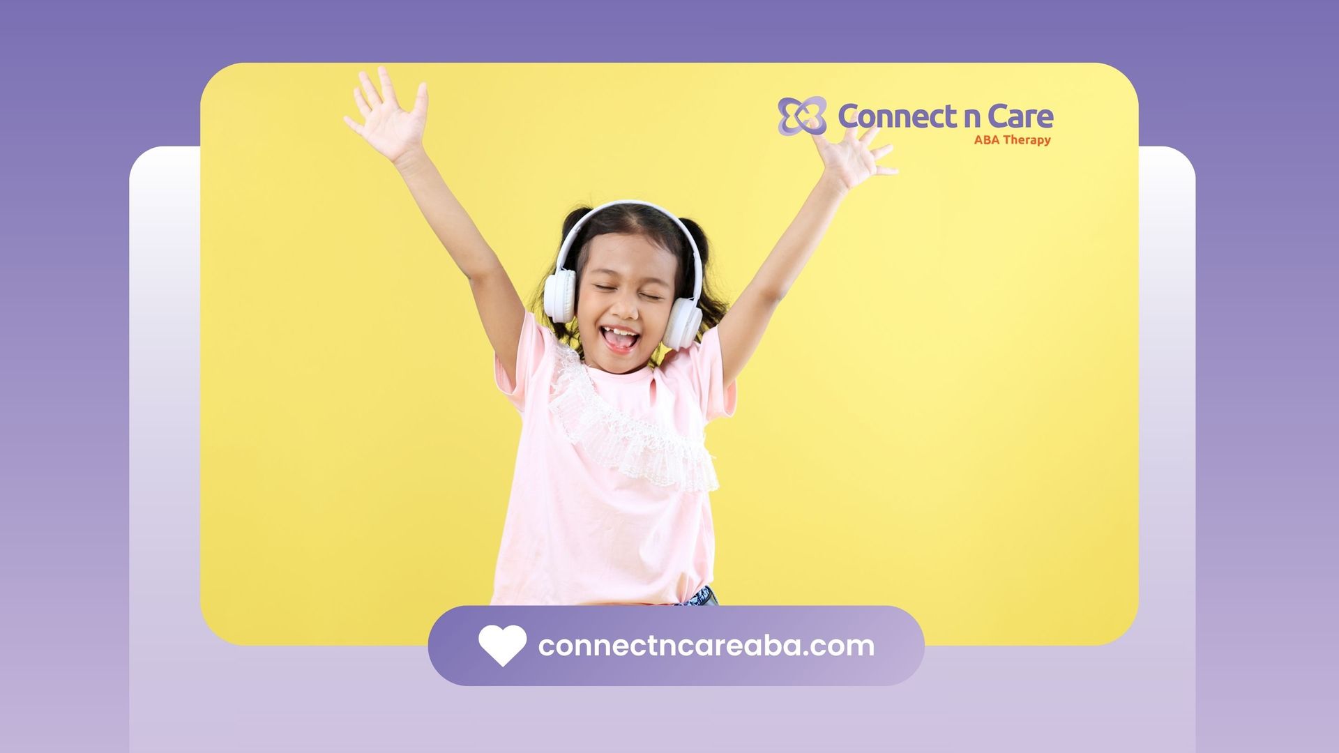 A girl with headphones and arms raised stands in front of a yellow background. 