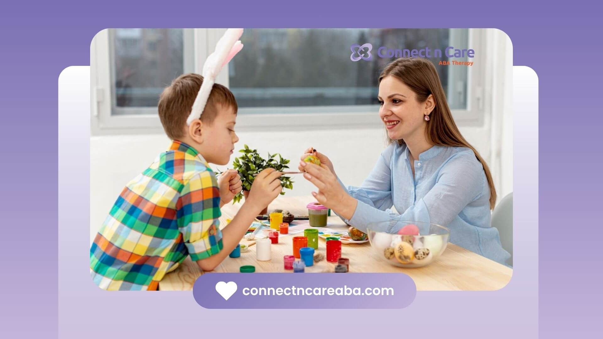 Therapist and child painting together at table, demonstrating a typical day in hands-on ABA therapy