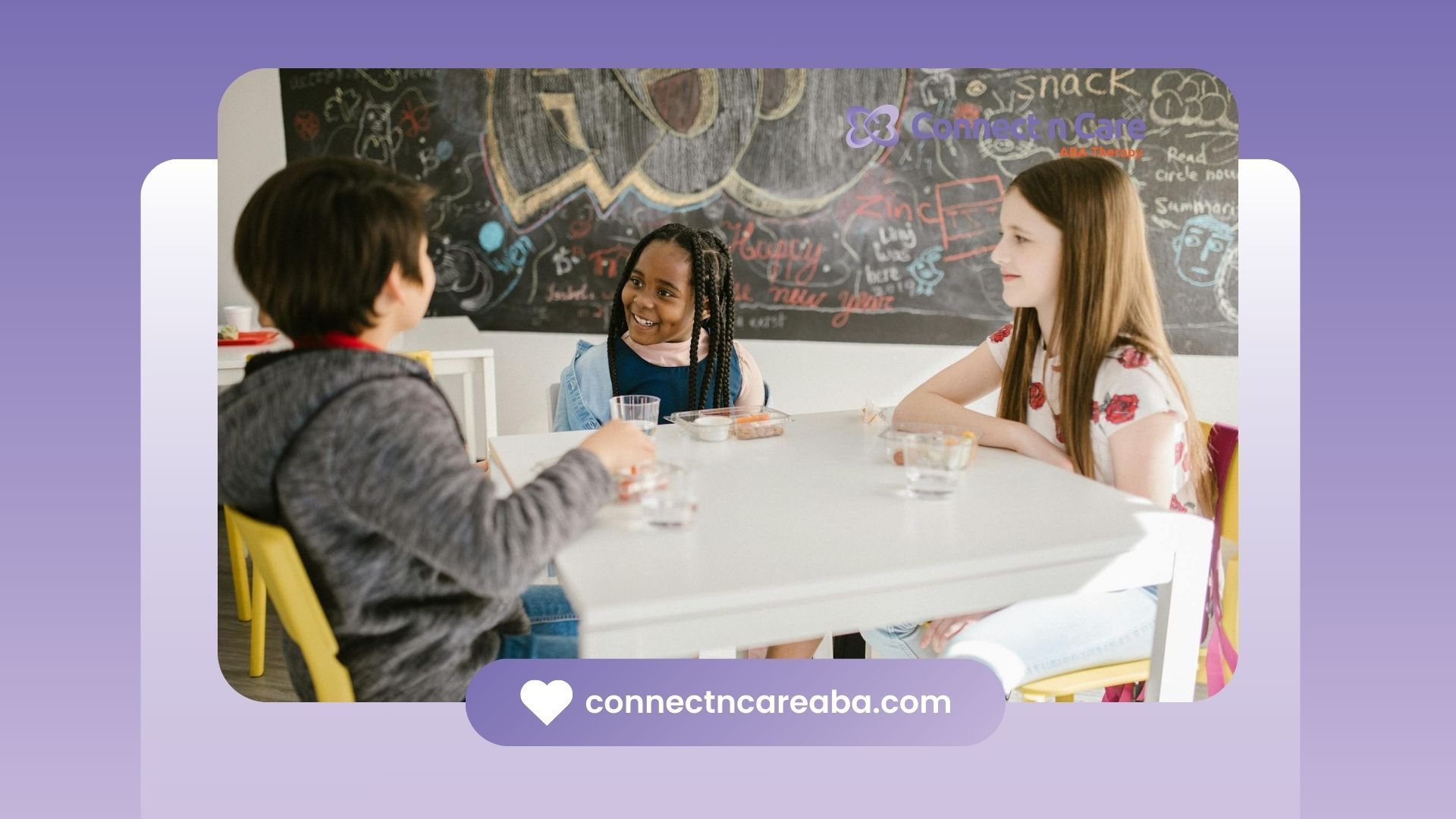 Three autistic children sitting at a table chatting with snacks and drinks before ABA therapy in NC.