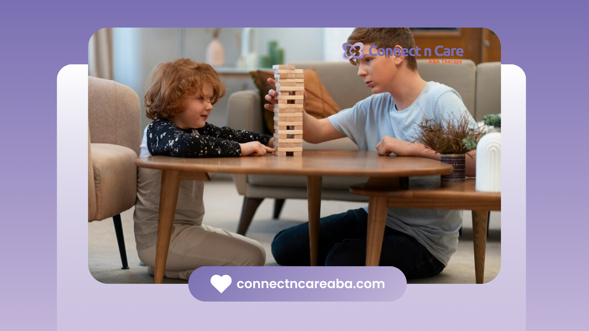 Two autistic kids are sitting at a table playing with Jengga.