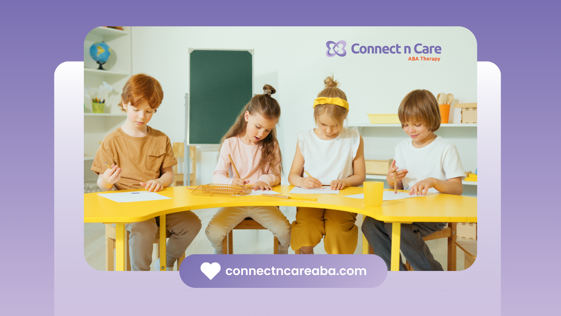 A group of children are sitting at yellow tables in a classroom.