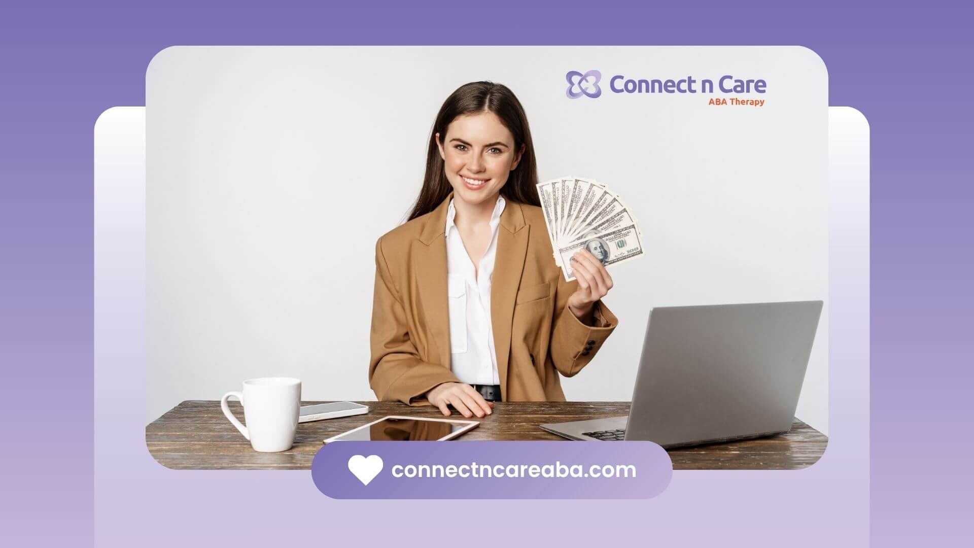 A confident therapist in a blazer smiling and holding several hundred-dollar bills while sitting