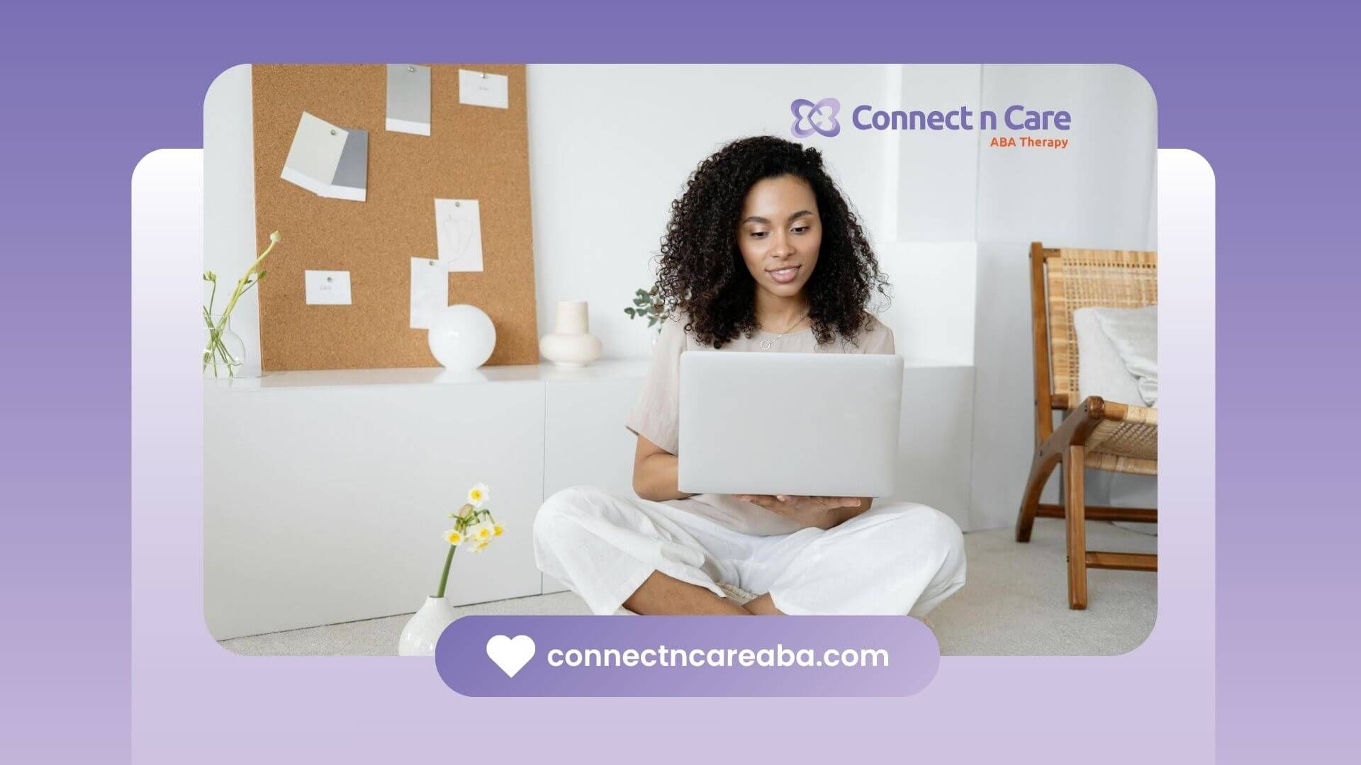 ABA Woman sitting on the floor using a laptop in a bright minimalist room while chatting in Carolina