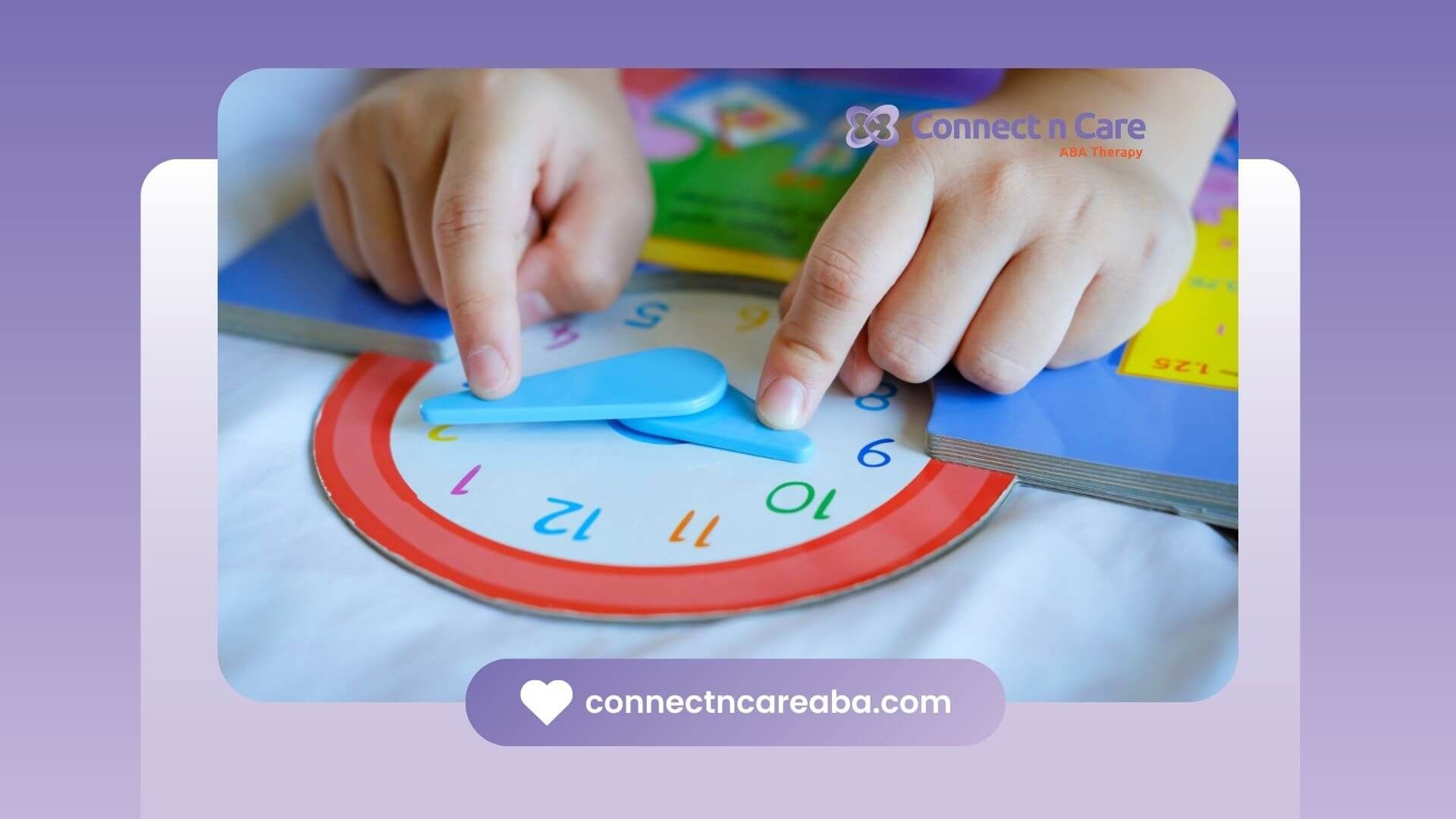 An autistic boy learning how to tell time on a colorful clock using hands and numbers after therapy.
