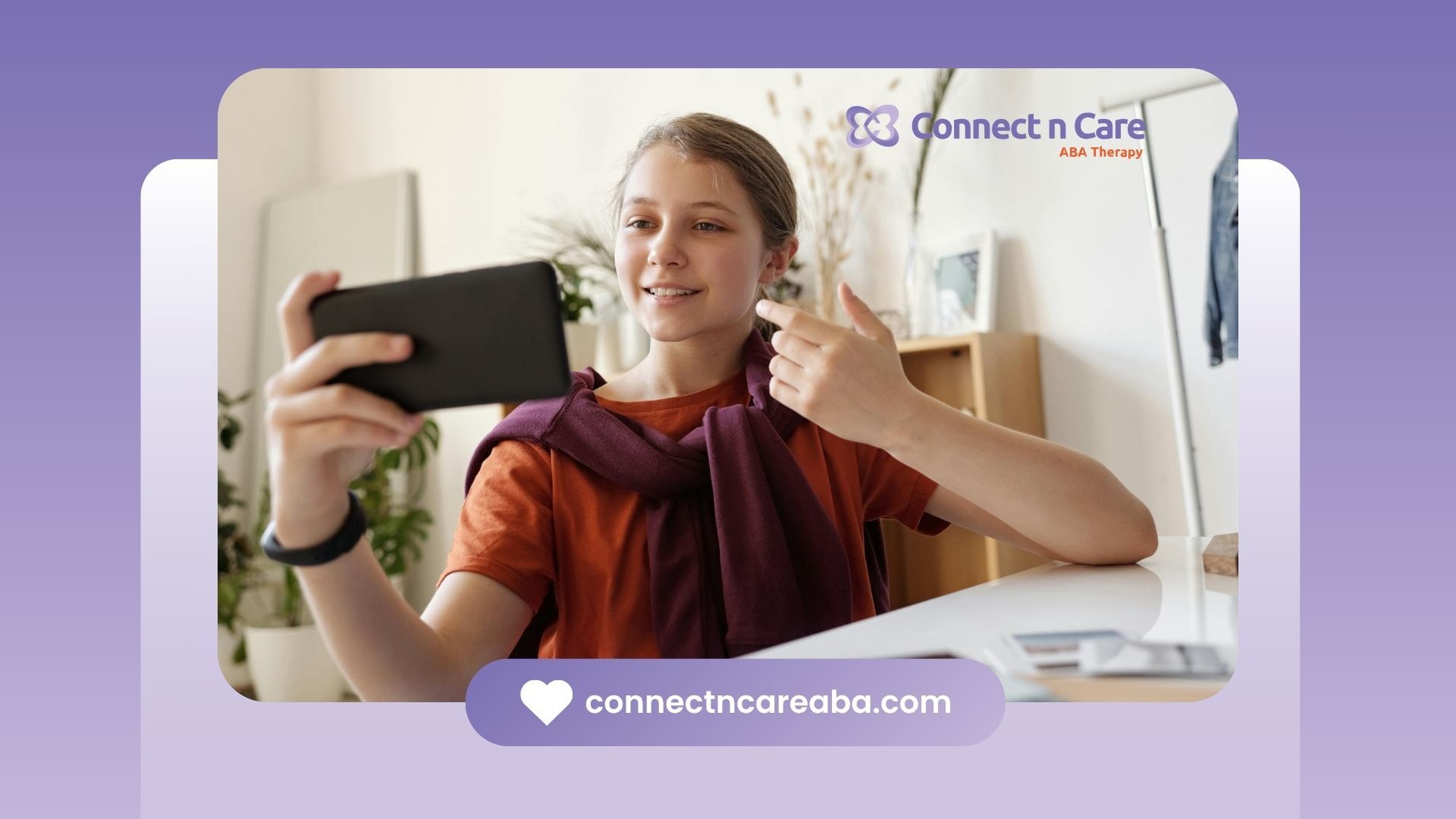 Autistic teen girl recording a video of herself using a smartphone for an ABA therapy activity in NC