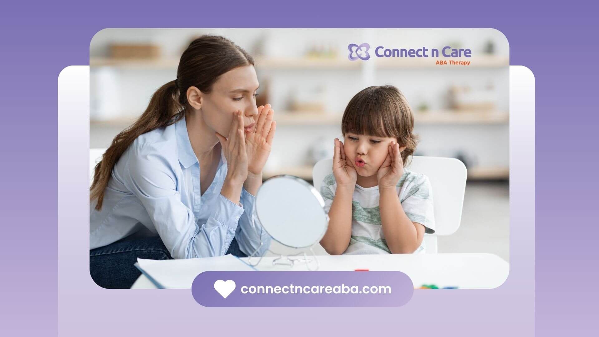 Therapist modeling speech sounds with child using mirror, supporting communication development