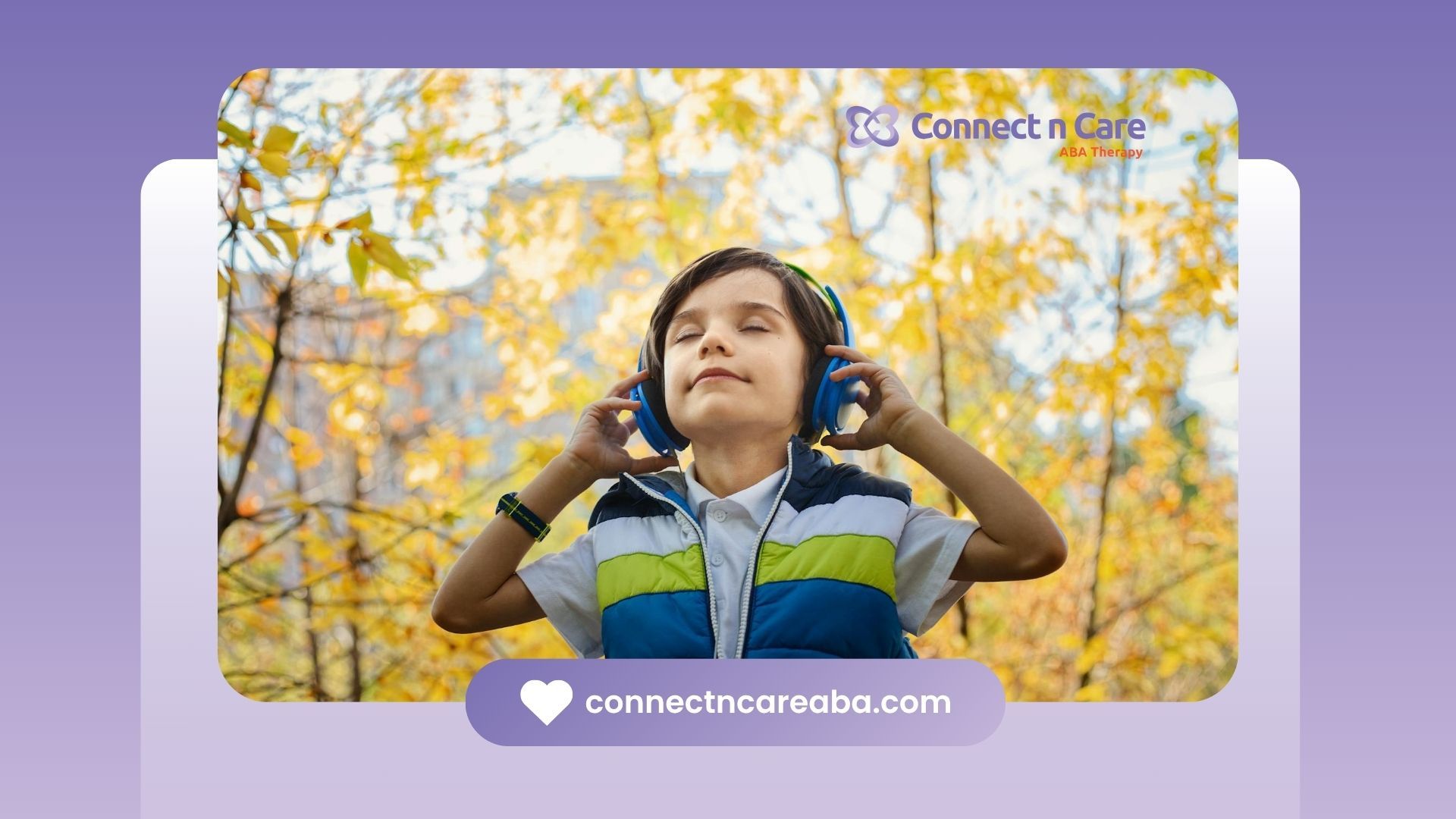 An autistic child wearing headphones and enjoying music outdoors during the fall season in NC.