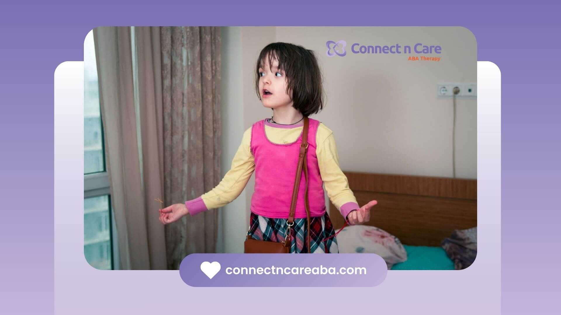 Child with autism standing indoors wearing a small purse.