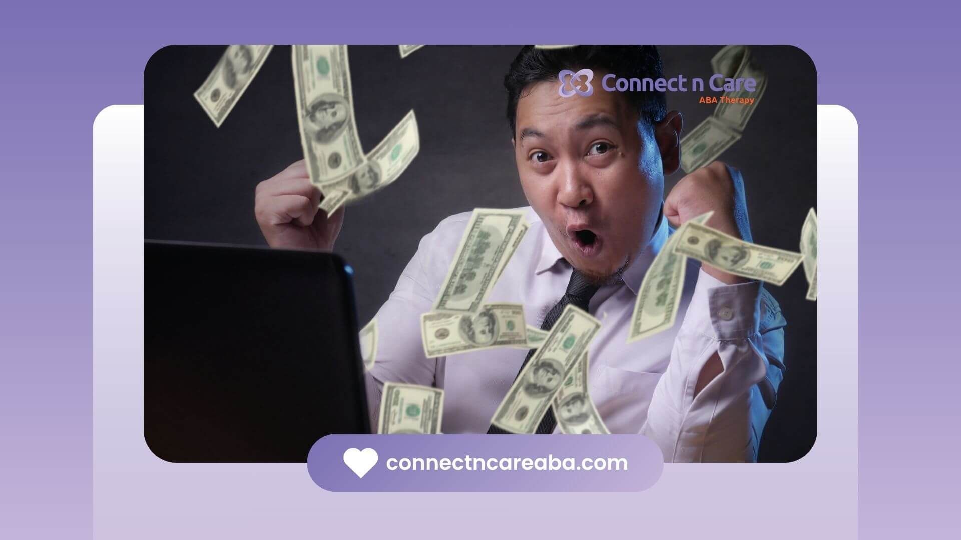 A therapist in a white shirt enthusiastically celebrating as money falls around him while sitting.