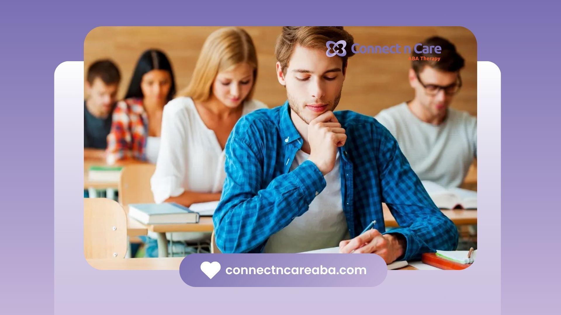 Male BCBA student in blue shirt writing during the BCBA exam with other students in North Carolina.