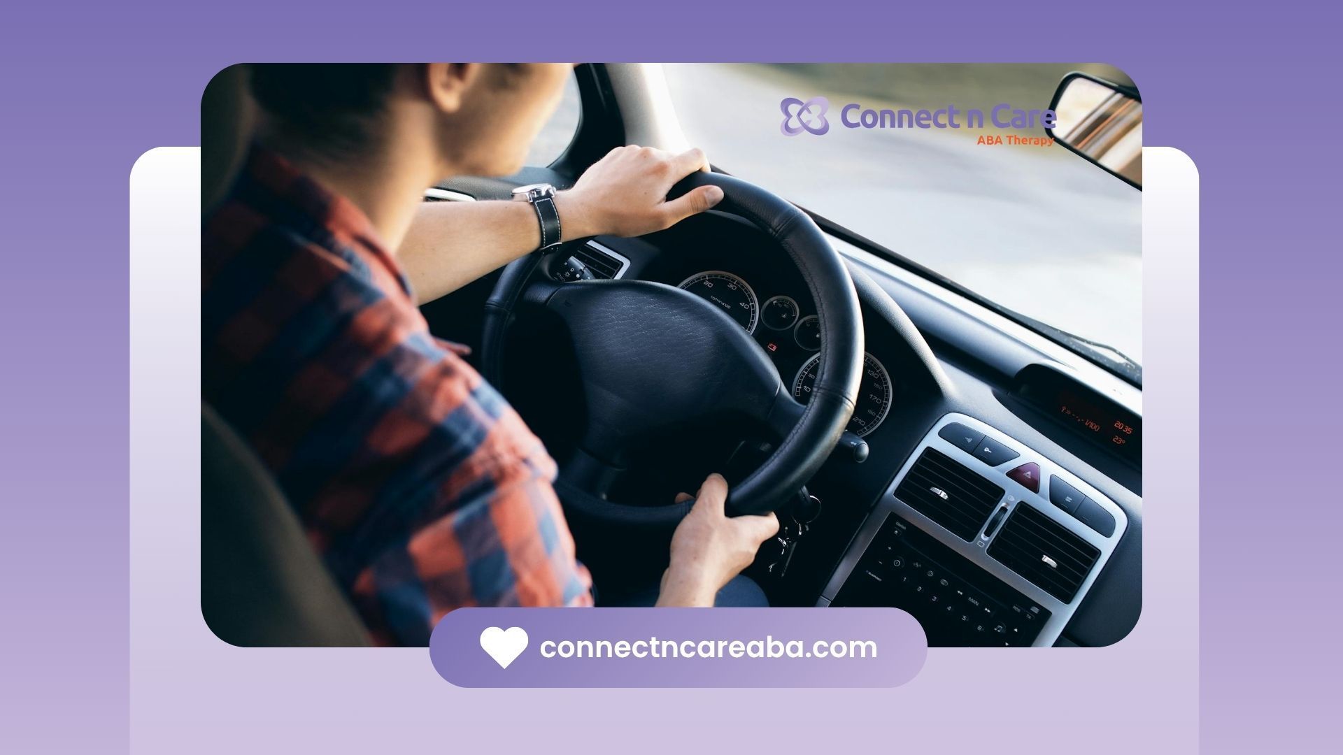 Close-up view of an autistic person driving a car around NC with hands on the steering wheel.