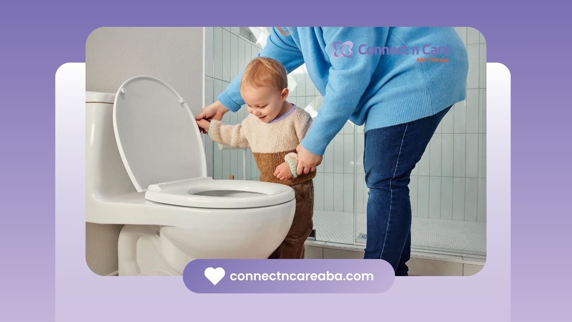 A mother helping her autistic toddler open toilet lid in a bathroom for potty training in NC.