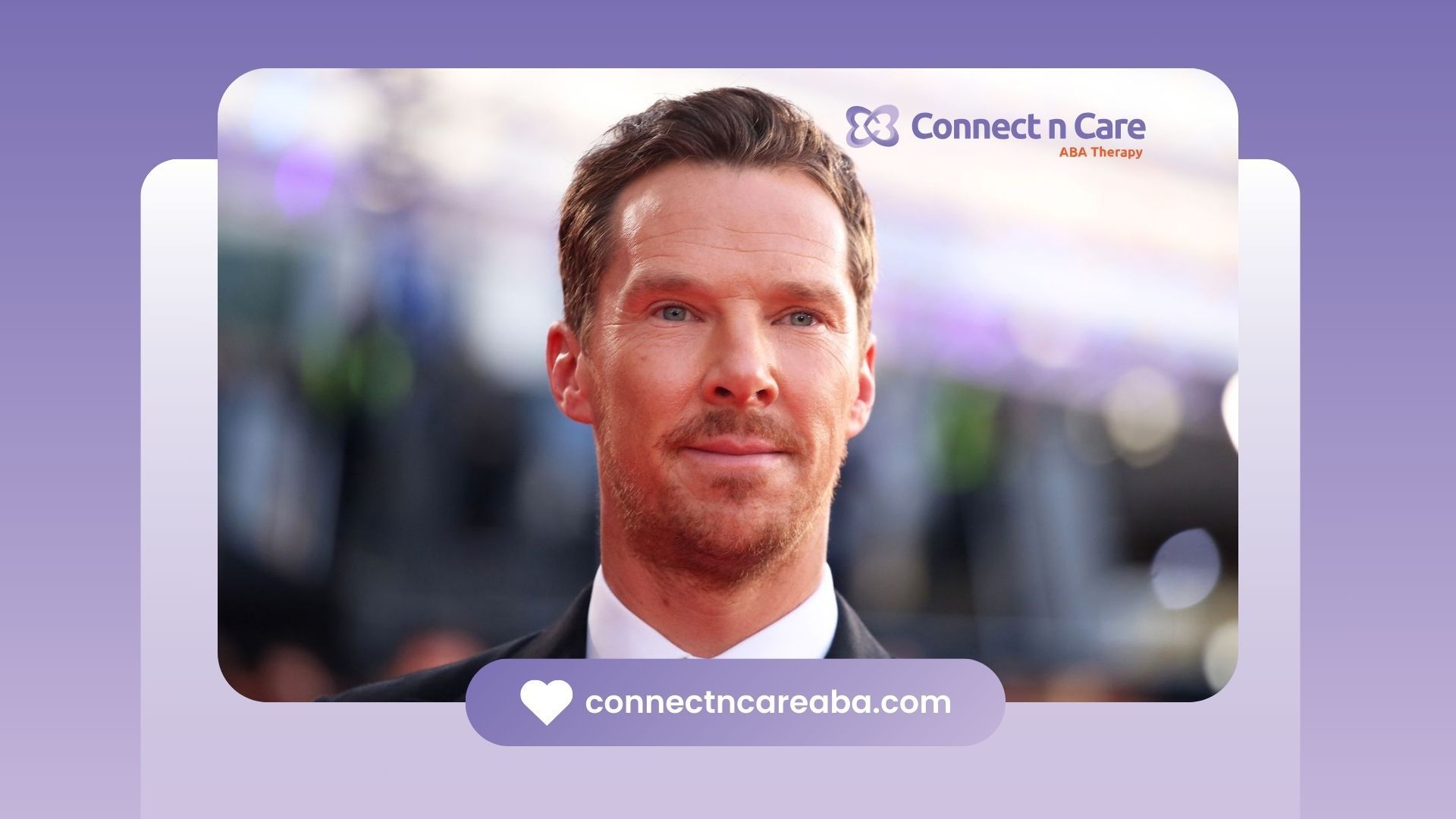 Benedict Cumberbatch in a black suit and tie with short brown hair poses on a red carpet in NC.