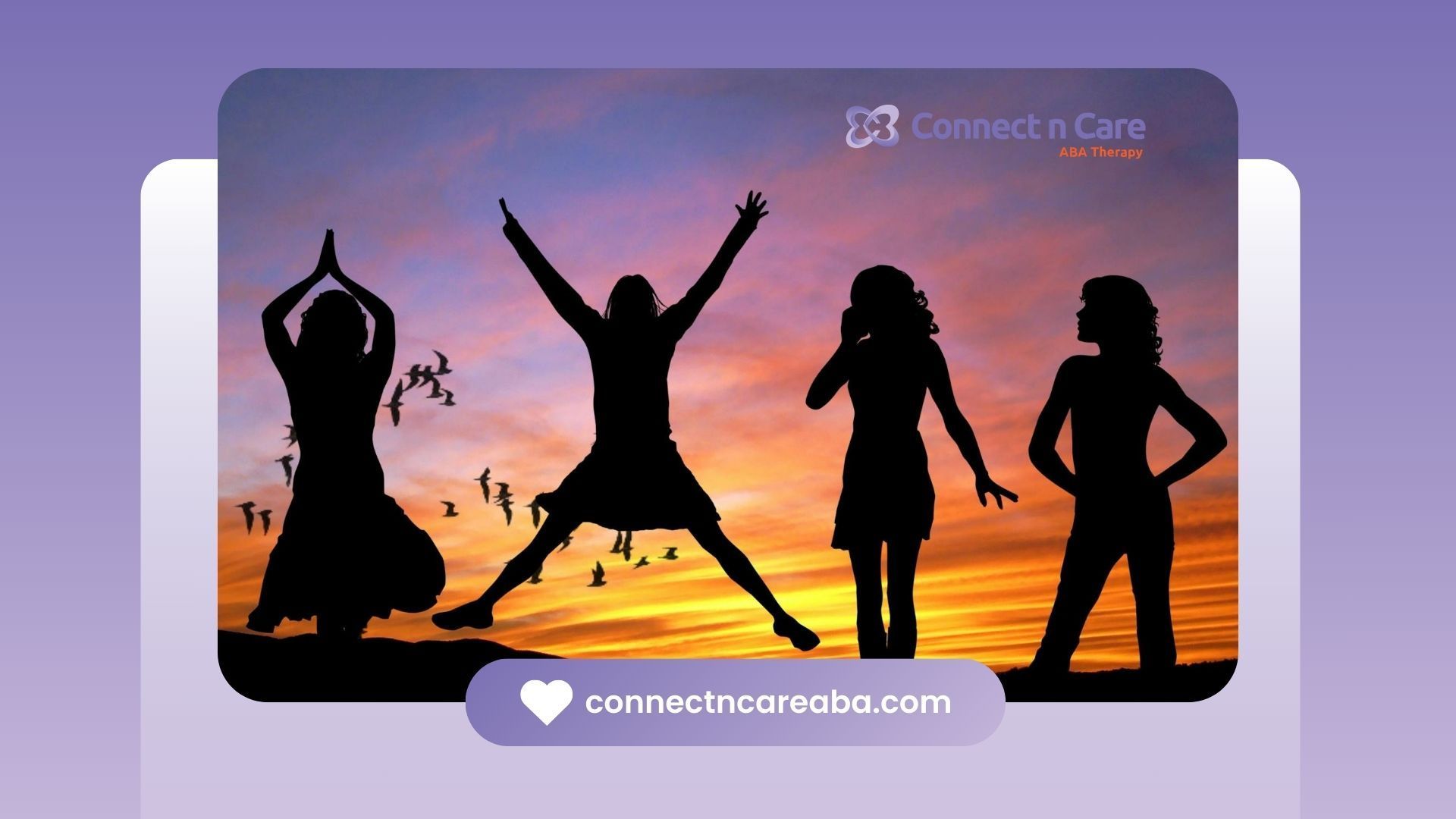 Four silhouetted women with autism pose against a vibrant sunset sky with birds flying in NC.