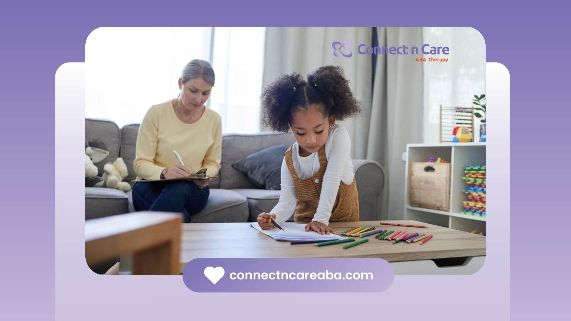 ABA therapist collecting behavioral data while young child engages in structured play at home.