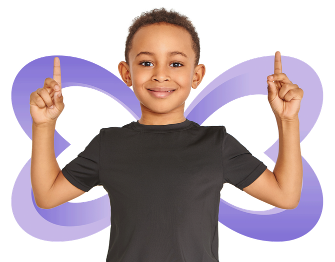 A young boy in a black shirt is pointing up with his fingers