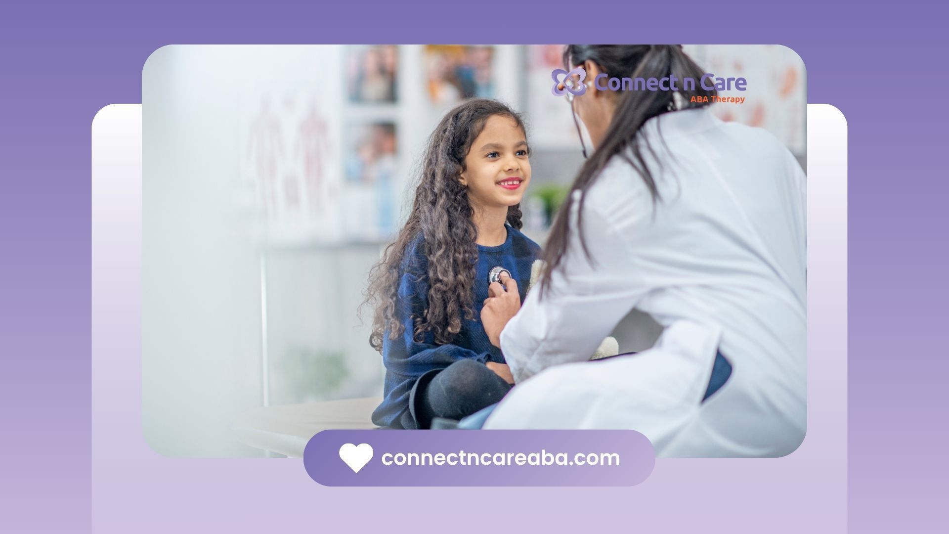 Doctor examining a smiling girl's heart with a stethoscope in a clinic.
