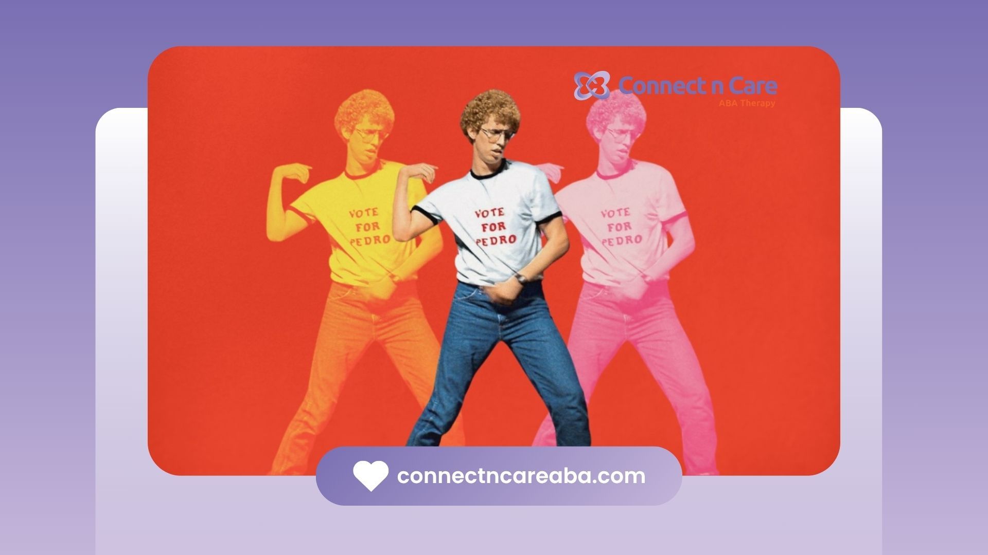 Napoleon Dynamite wearing “Vote for Pedro” shirt dancing with colorful background silhouettes in NC.