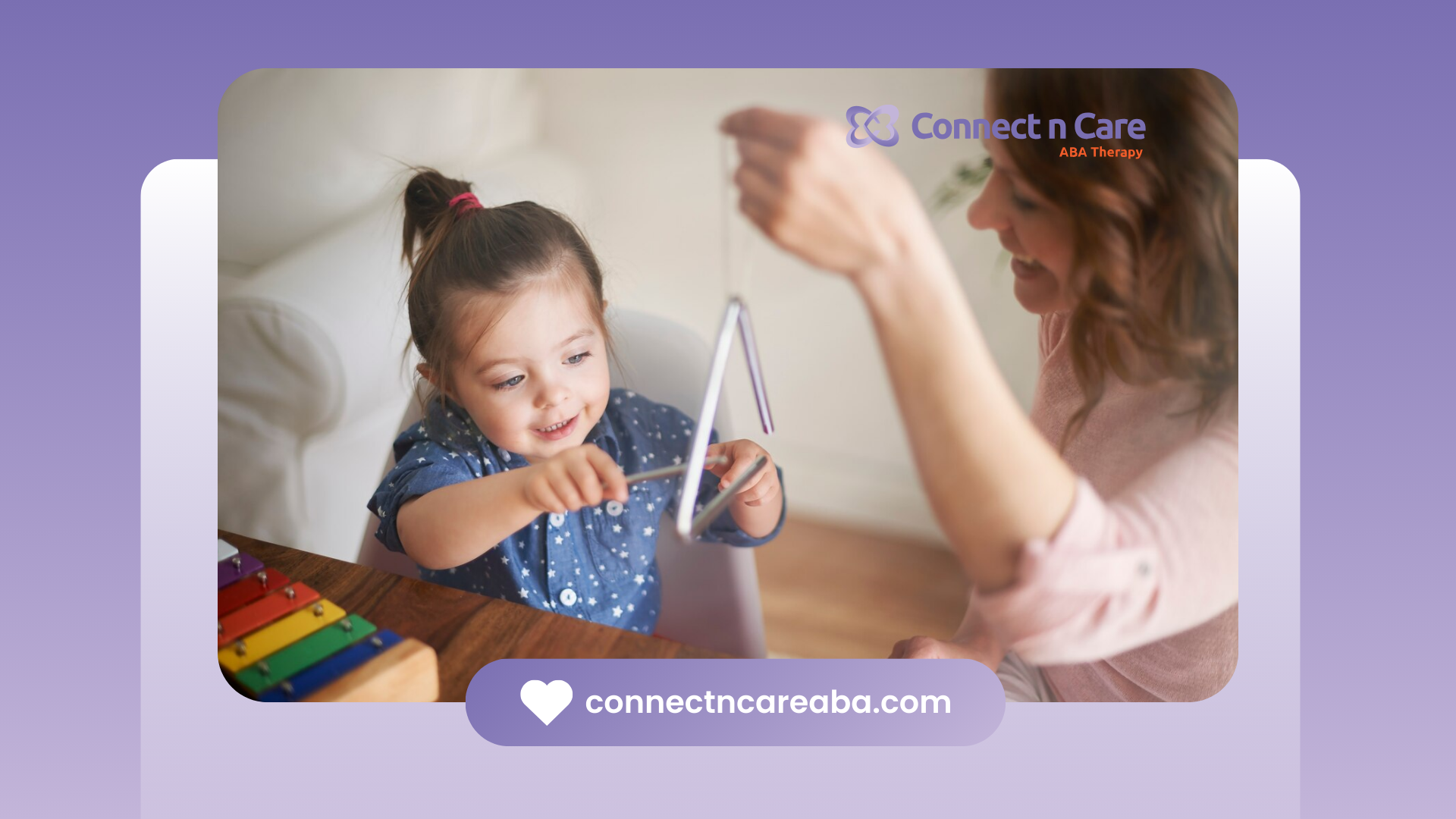 A girl with autism playing with a triangle with her RBT during ABA therapy