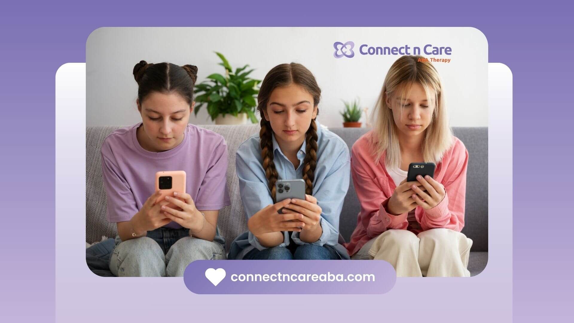 Three teenage girls with autism sitting on a couch, each focused on their smartphones.
