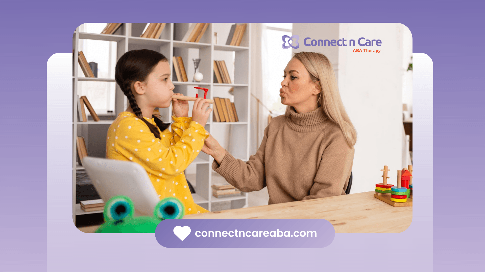 BCBA guiding a child using a breathing tool at a table.