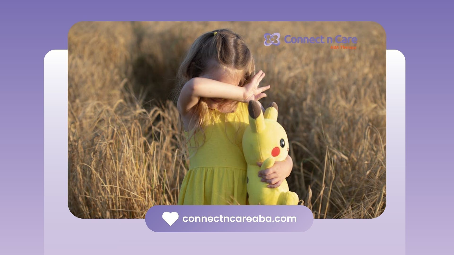 Autistic girl in a dress holding a Pikachu plush toy in a field after stopping ABA therapy in NC.