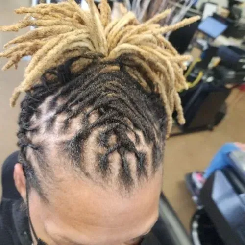 A close up of a person 's head with blonde dreadlocks.