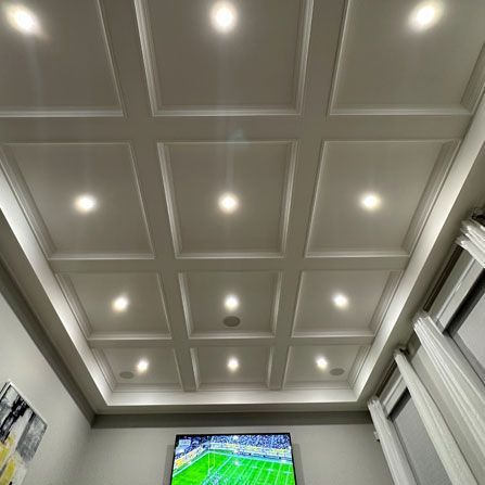 Custom coffered ceiling with pot lights