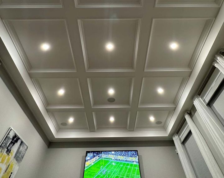 Custom coffered ceiling with pot lights