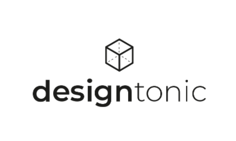 A black and white logo for designtonic with a cube in the middle.