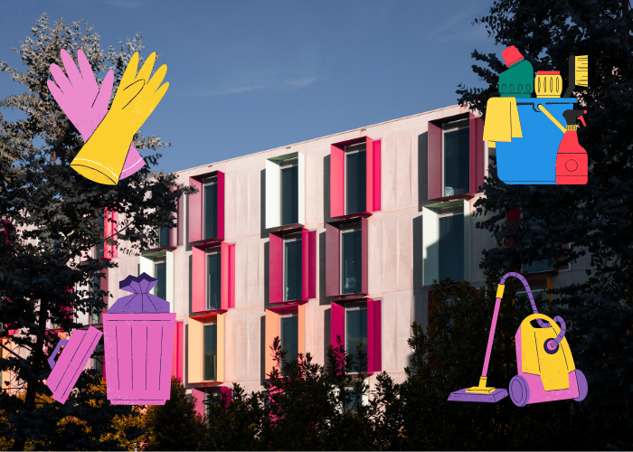 Student accommodation surrounded by cleaning symbols
