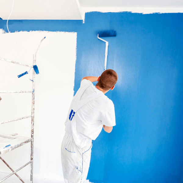 House painters beginning to paint a large blue wall. Professional house painters in bright room.