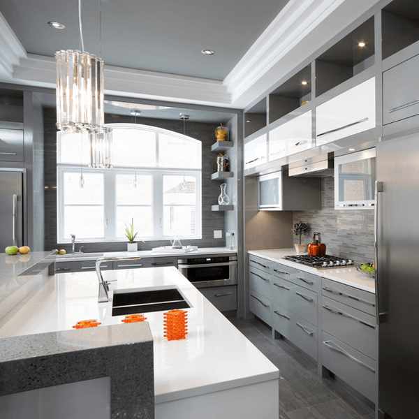 Interior of modern luxury kitchen in North American residence.