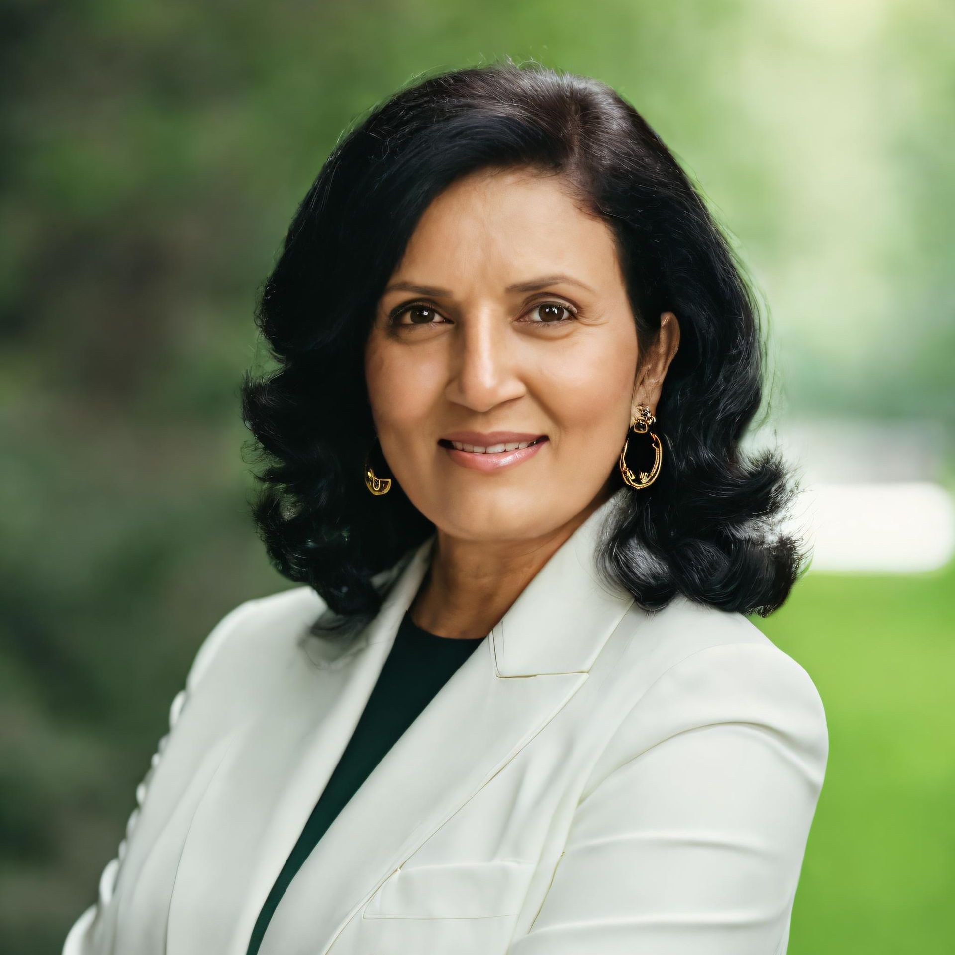 A woman with dark hair and a white blazer smiles outdoors against a blurred green background. She wears gold earrings.
