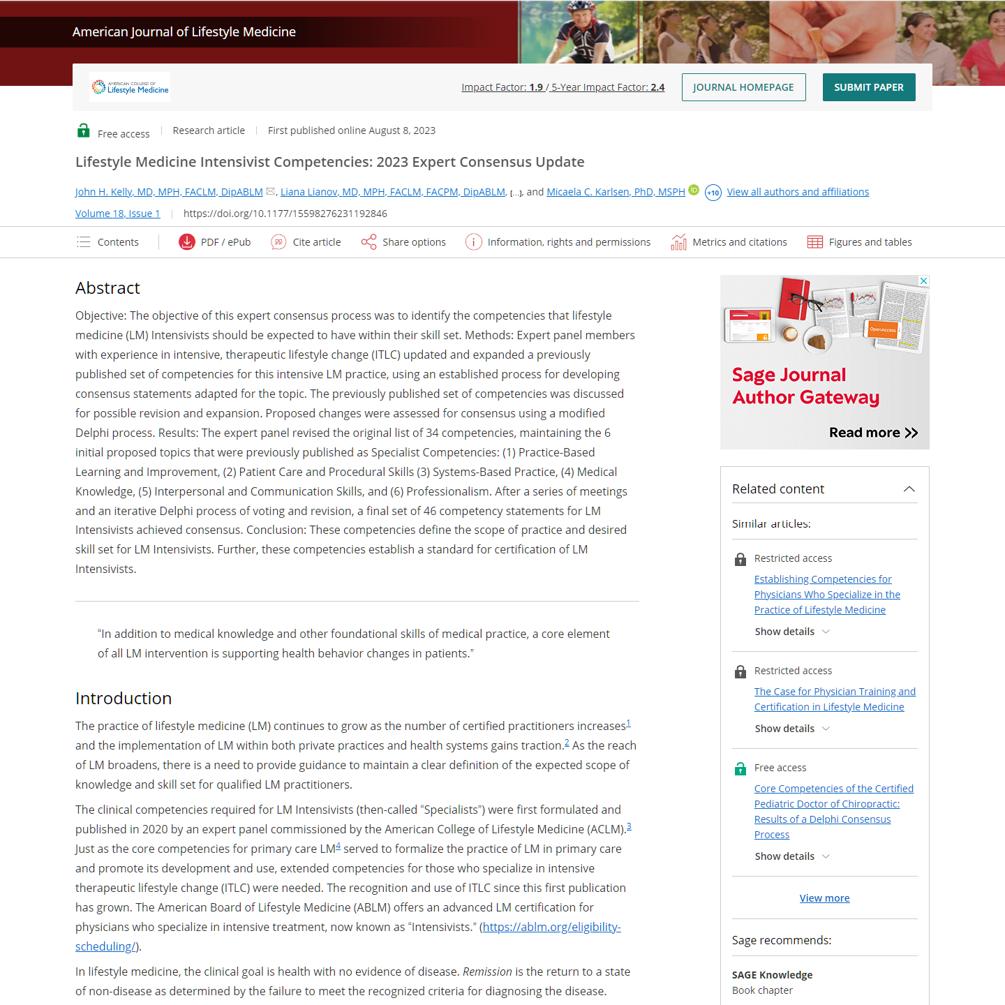 Screenshot of a research article on lifestyle medicine, showing text, headings, and links on a website.