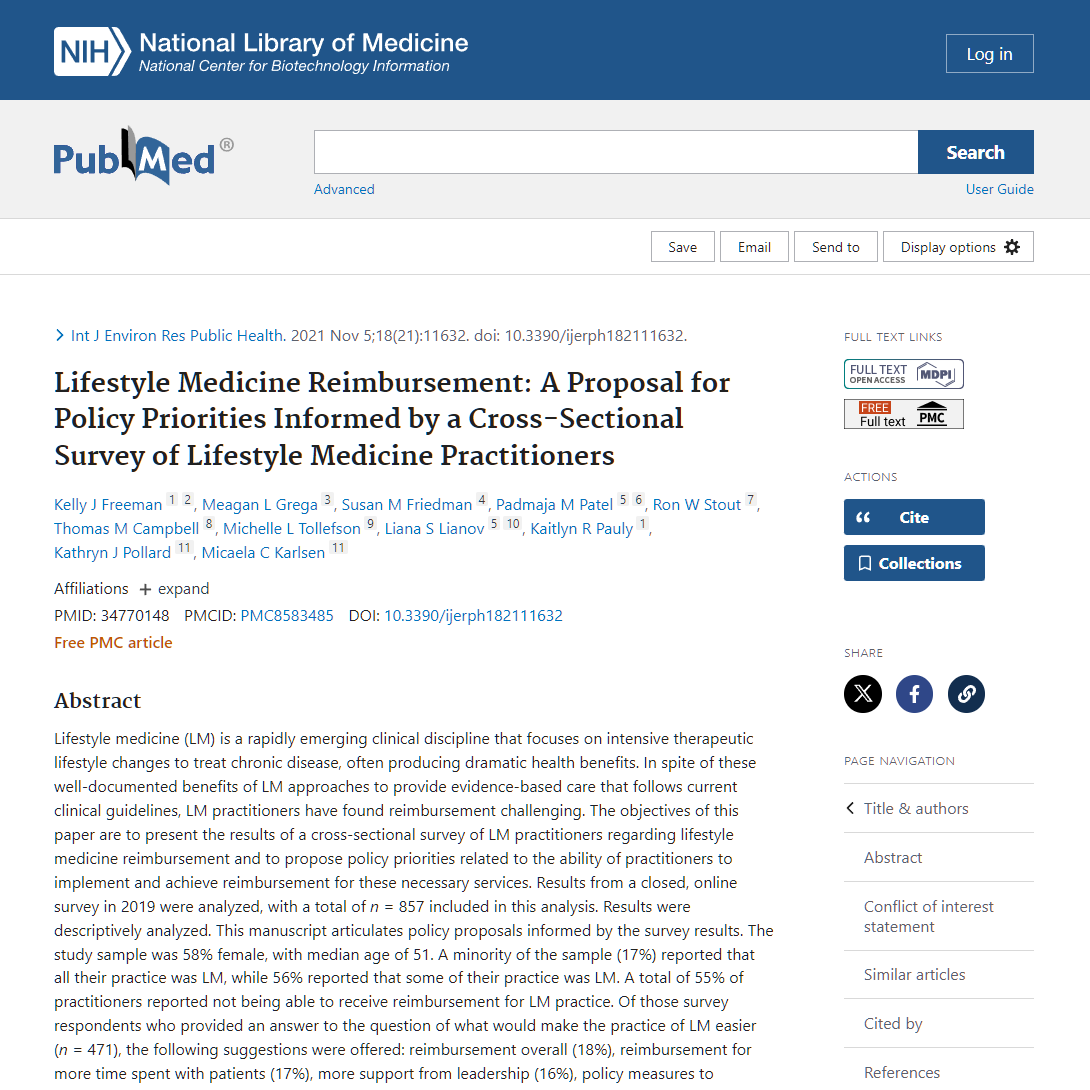 Screenshot of a PubMed article on lifestyle medicine reimbursement, with the title visible.