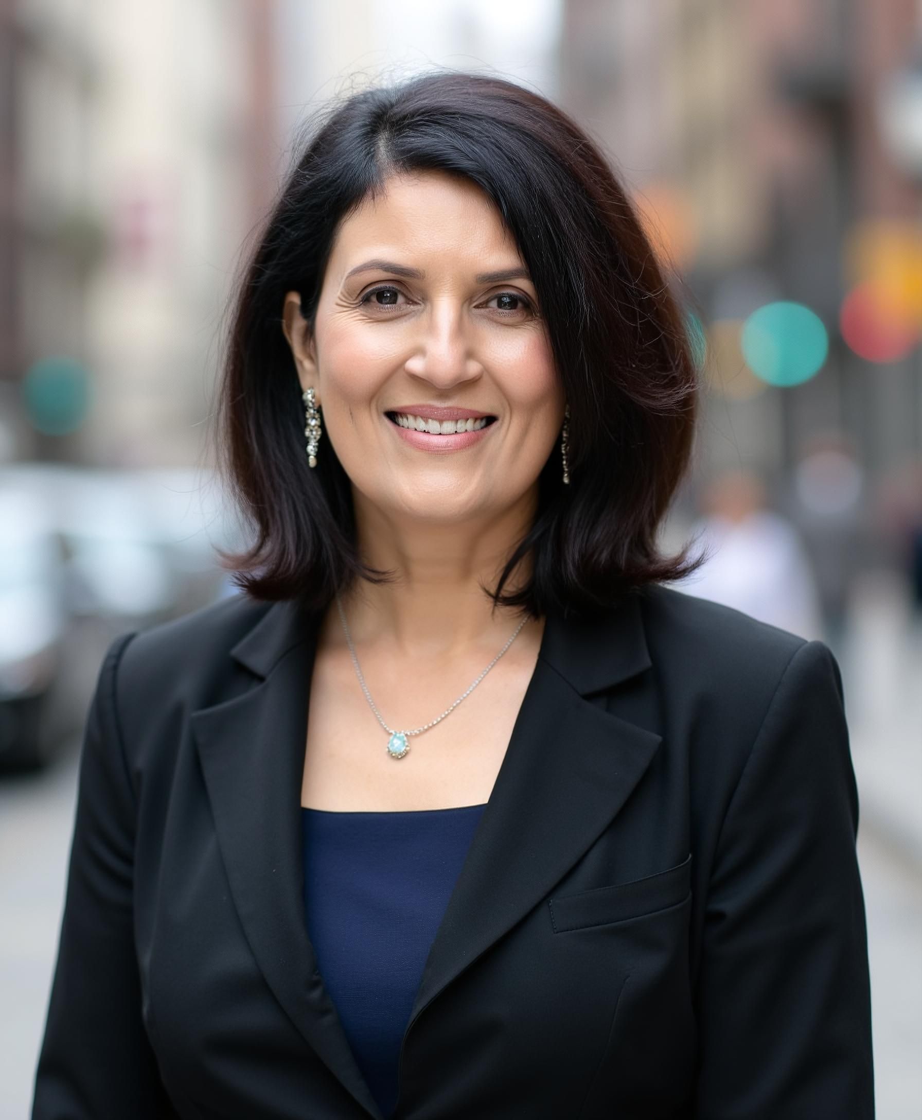 Woman in a black blazer smiles, set against a blurred city street background. She has dark hair and a blue top.