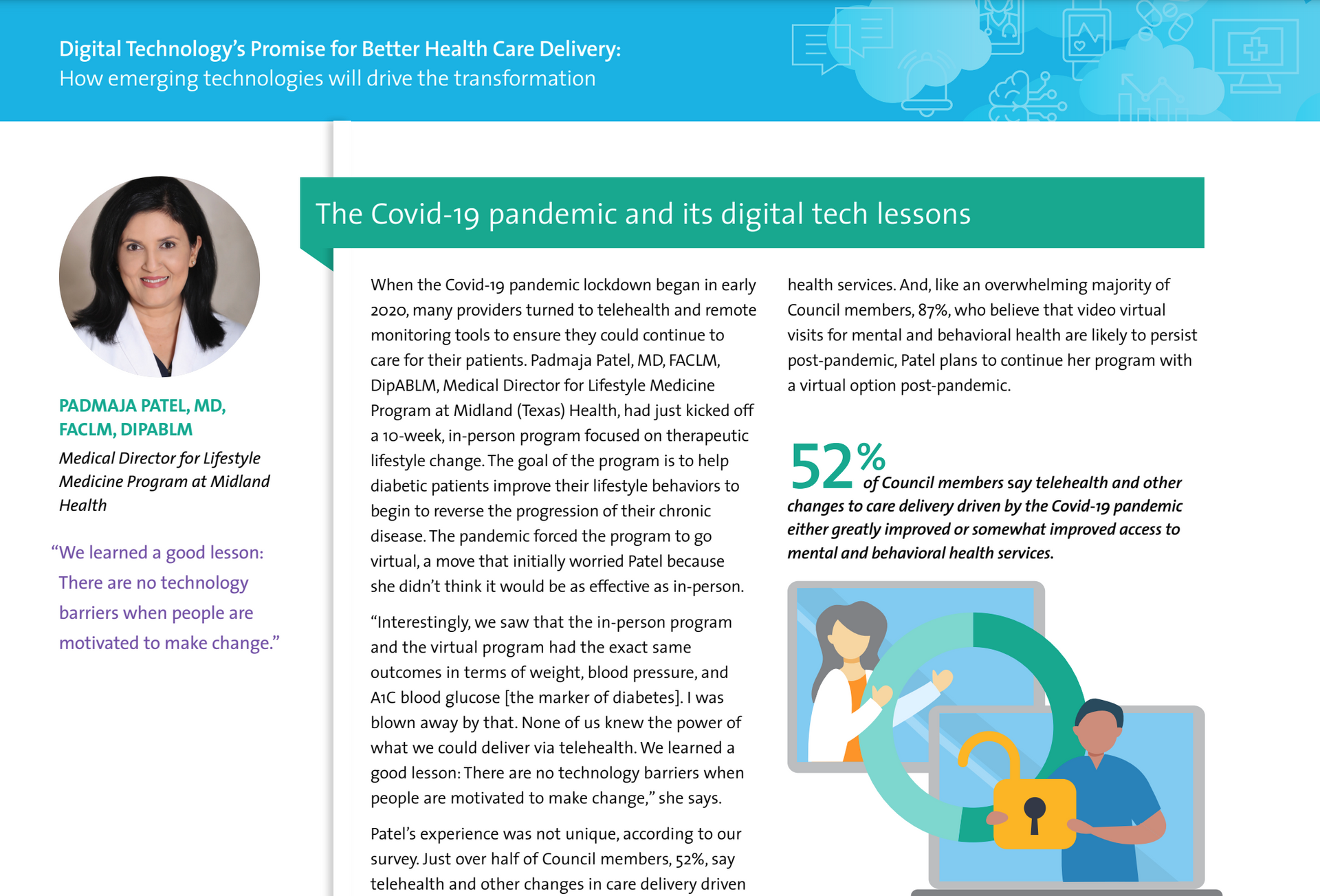 Article about the pandemic and its digital tech lessons, with a woman's portrait.