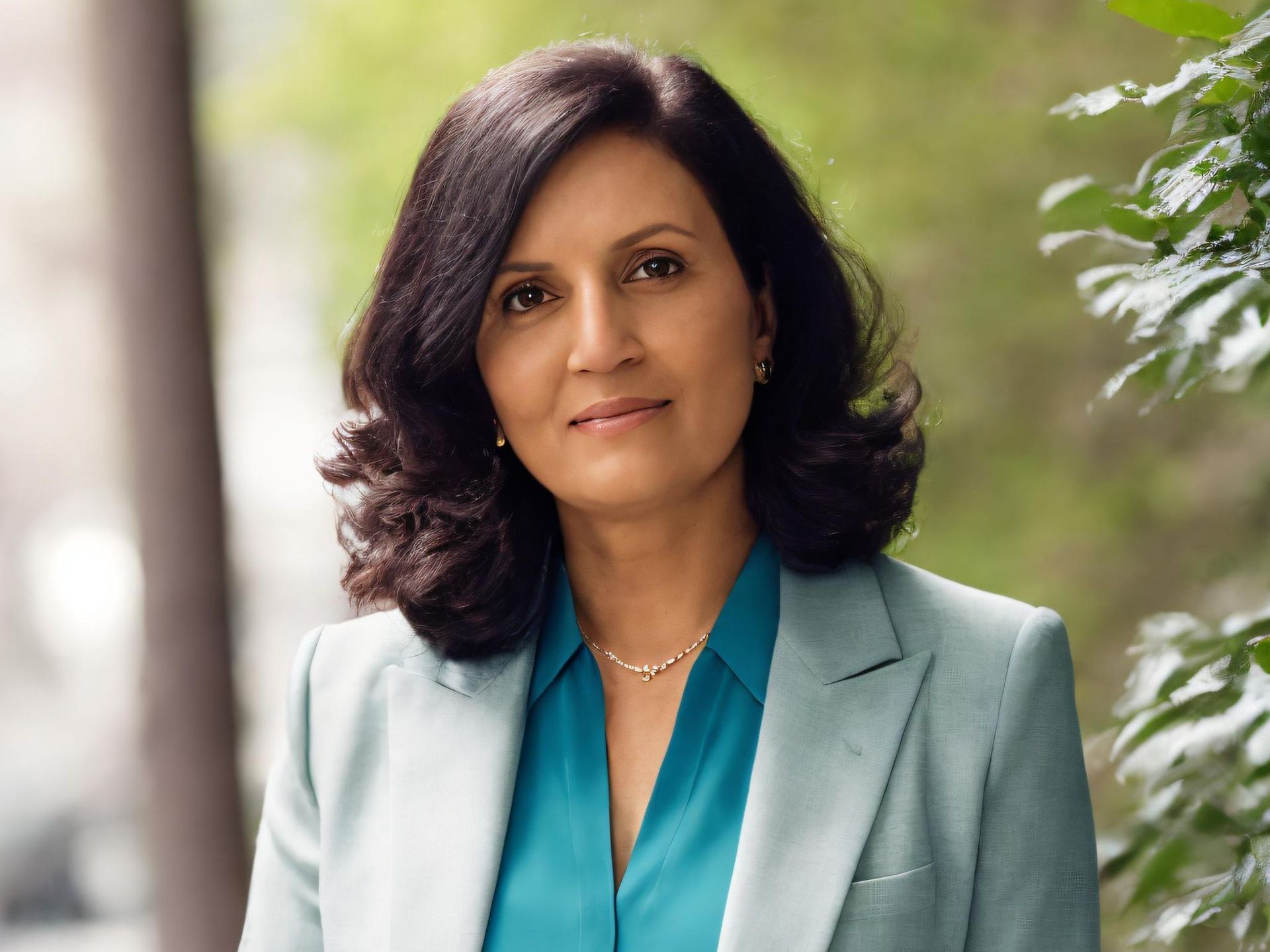 Woman with dark hair wearing a light blue suit and teal top, looking at the viewer with a slight smile, outdoor setting.