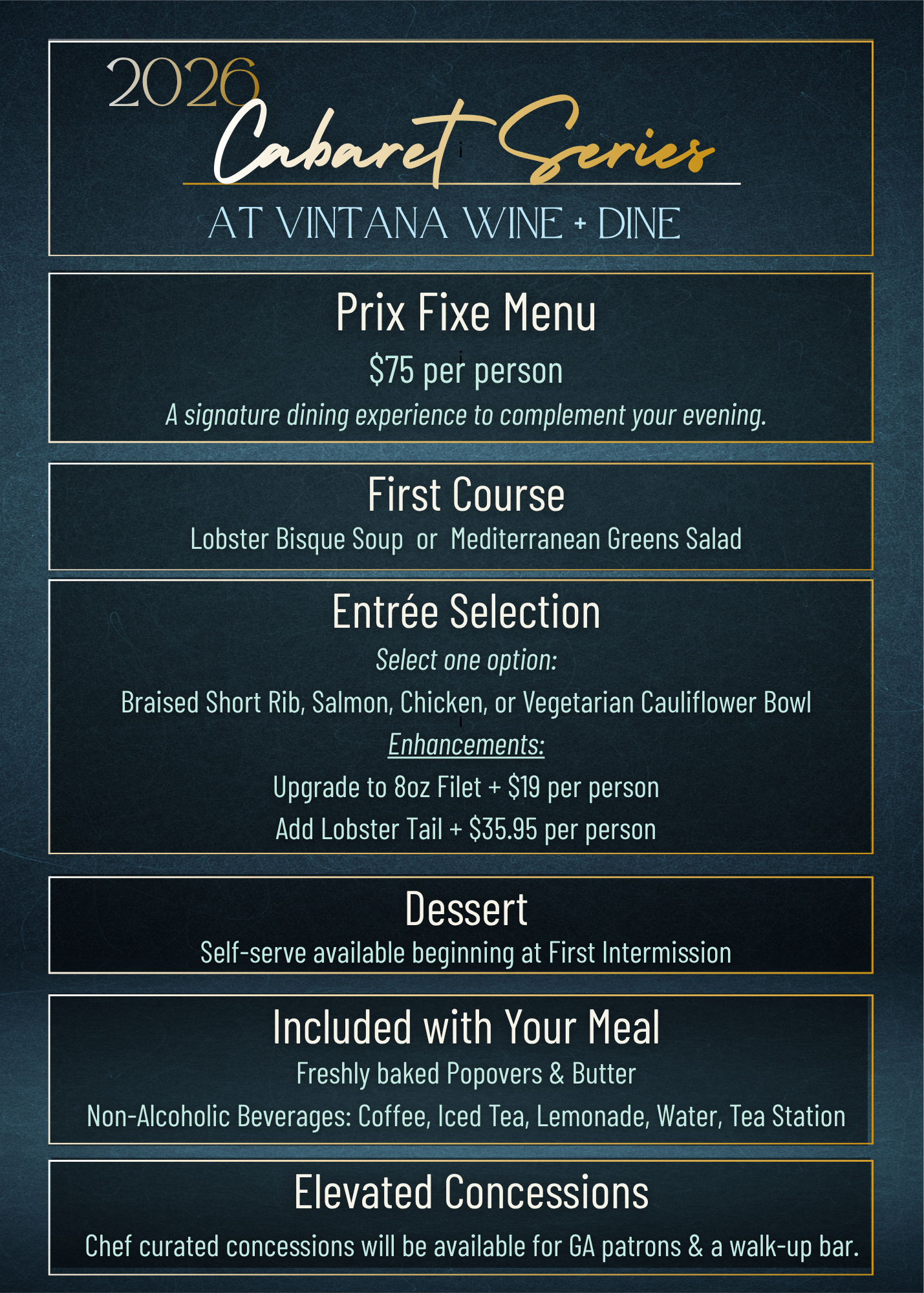 Vintage-style event menu with gold text on a dark background listing prix fixe, starter, entree, dessert, and beverages