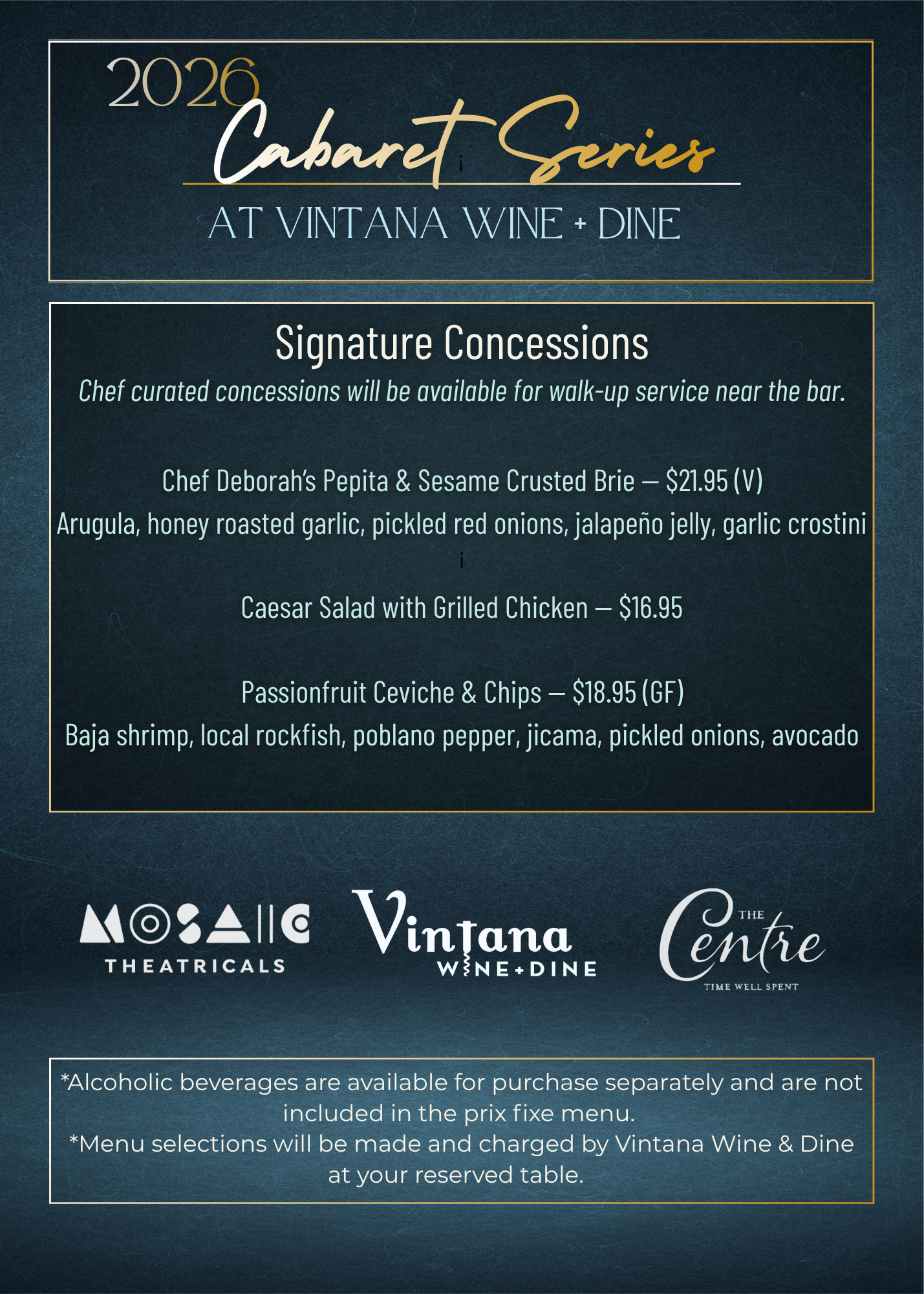 Dark blue concert series poster with gold script, event details, and sponsor logos at the bottom