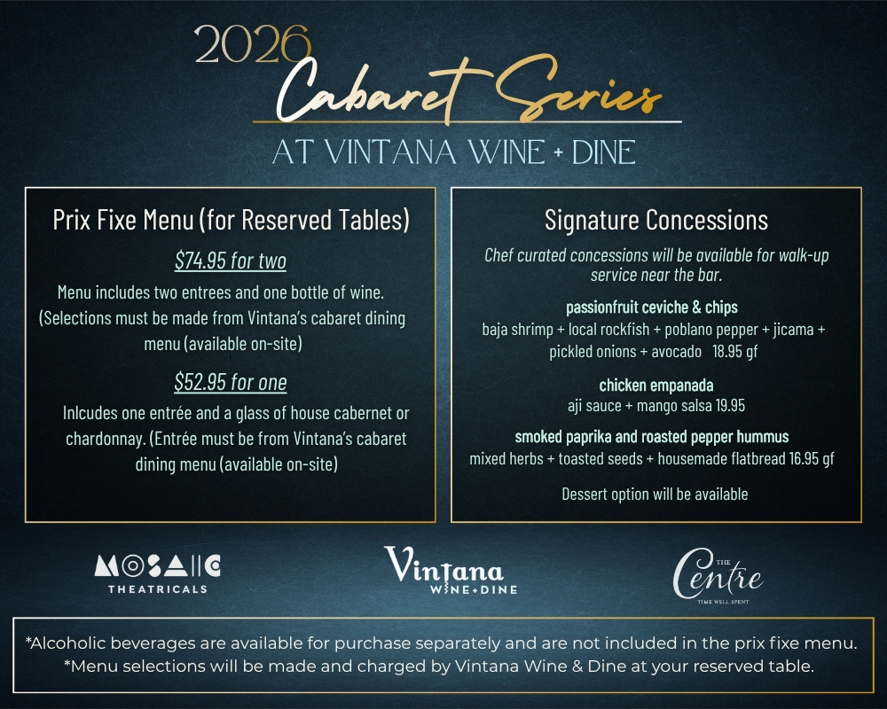 Vintage-style event menu with gold text on a dark background listing prix fixe, starter, entree, dessert, and beverages